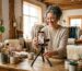 Empreendedora gravando vídeo autêntico para Instagram com celular em tripé de mesa em seu estúdio