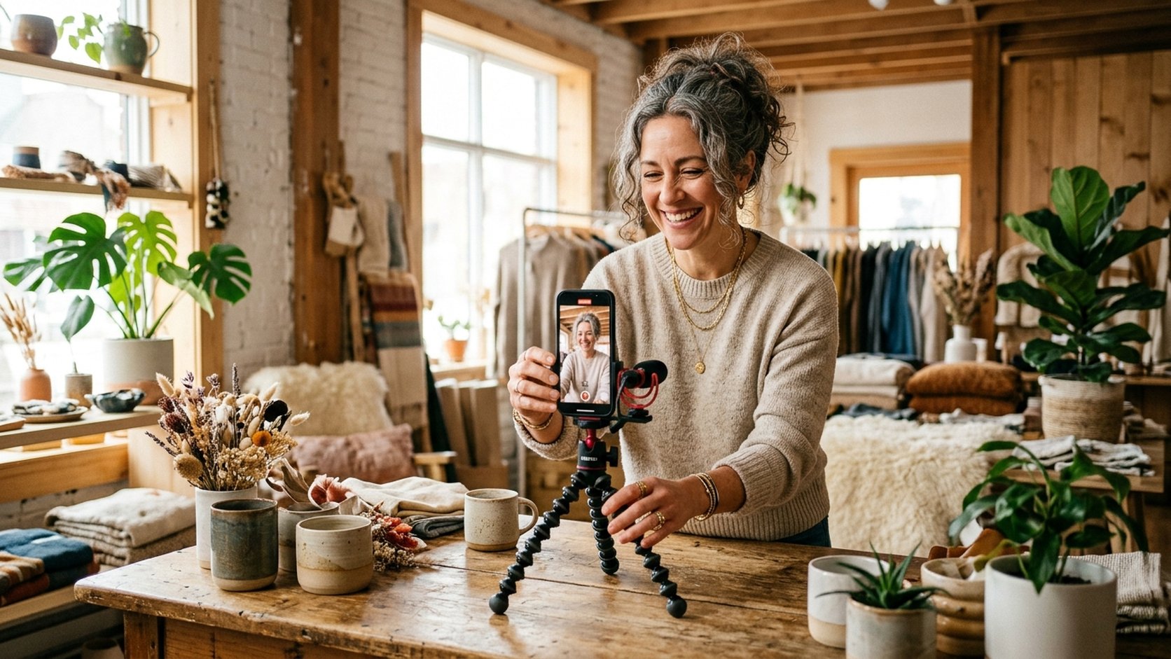 Empreendedora gravando vídeo autêntico para Instagram com celular em tripé de mesa em seu estúdio