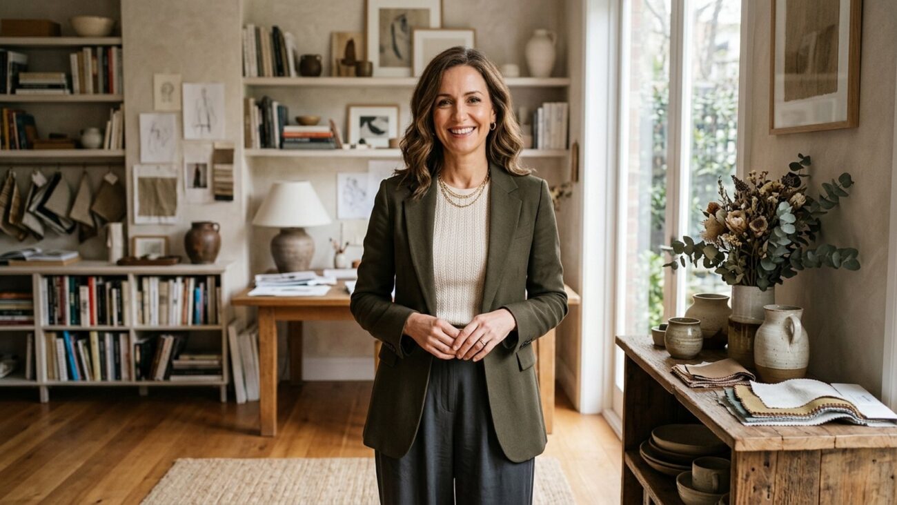 Mulher madura e elegante na faixa dos 40 anos sorrindo com confiança em seu ambiente profissional