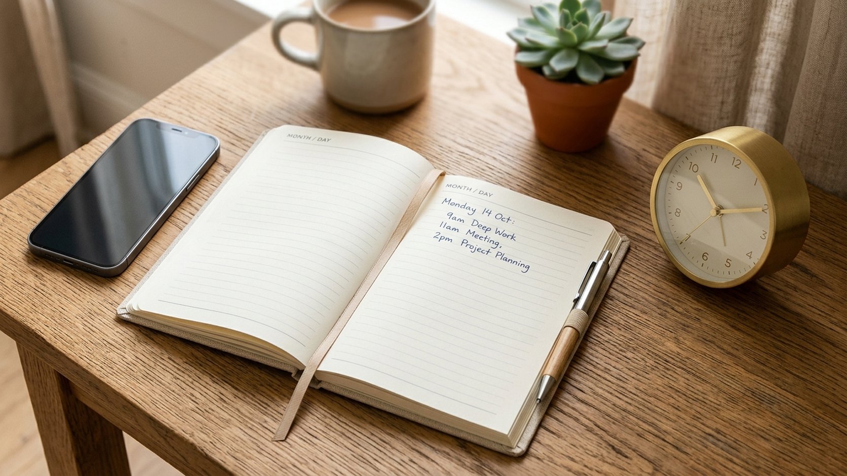 Smartphone ao lado de caderno aberto e relógio de mesa para bloco de produção focado