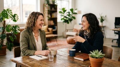 Empresária conversando de forma próxima e acolhedora com cliente em mesa de atendimento