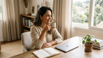 Mulher empreendedora trabalhando com serenidade e café em escritório iluminado praticando slow marketing