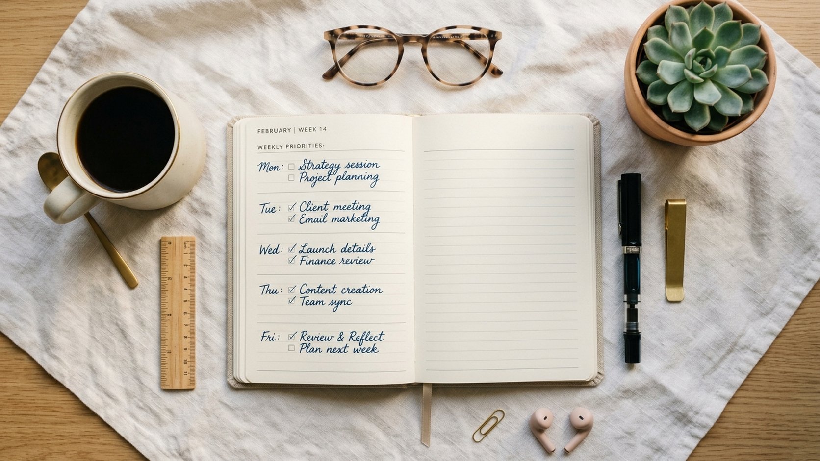Caderno de planejamento semanal com caneta, café e óculos em mesa organizada