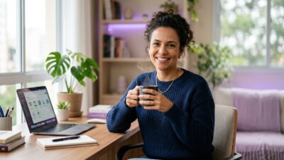 Empreendedora brasileira de 40 anos sorrindo com café em home office organizado