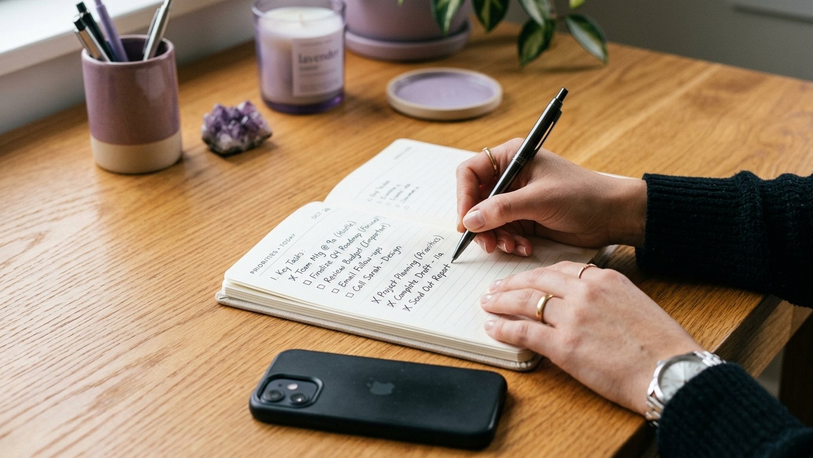 Empreendedora anotando prioridades da semana em caderno com celular virado para baixo